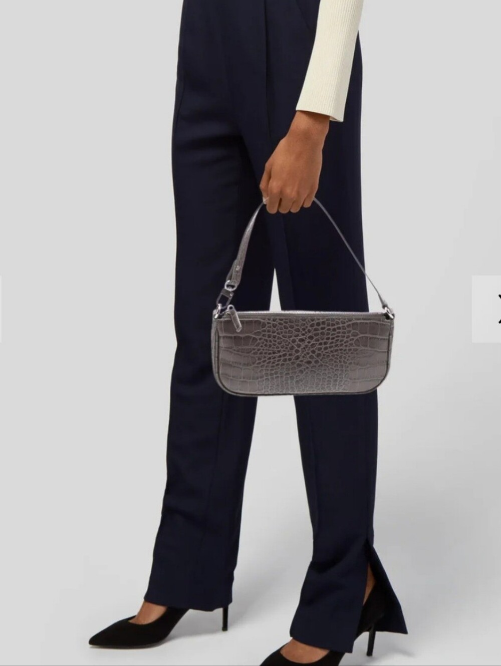 By FAR Classic RACHEL Grey Croc-Embossed Leather Shoulder Bag